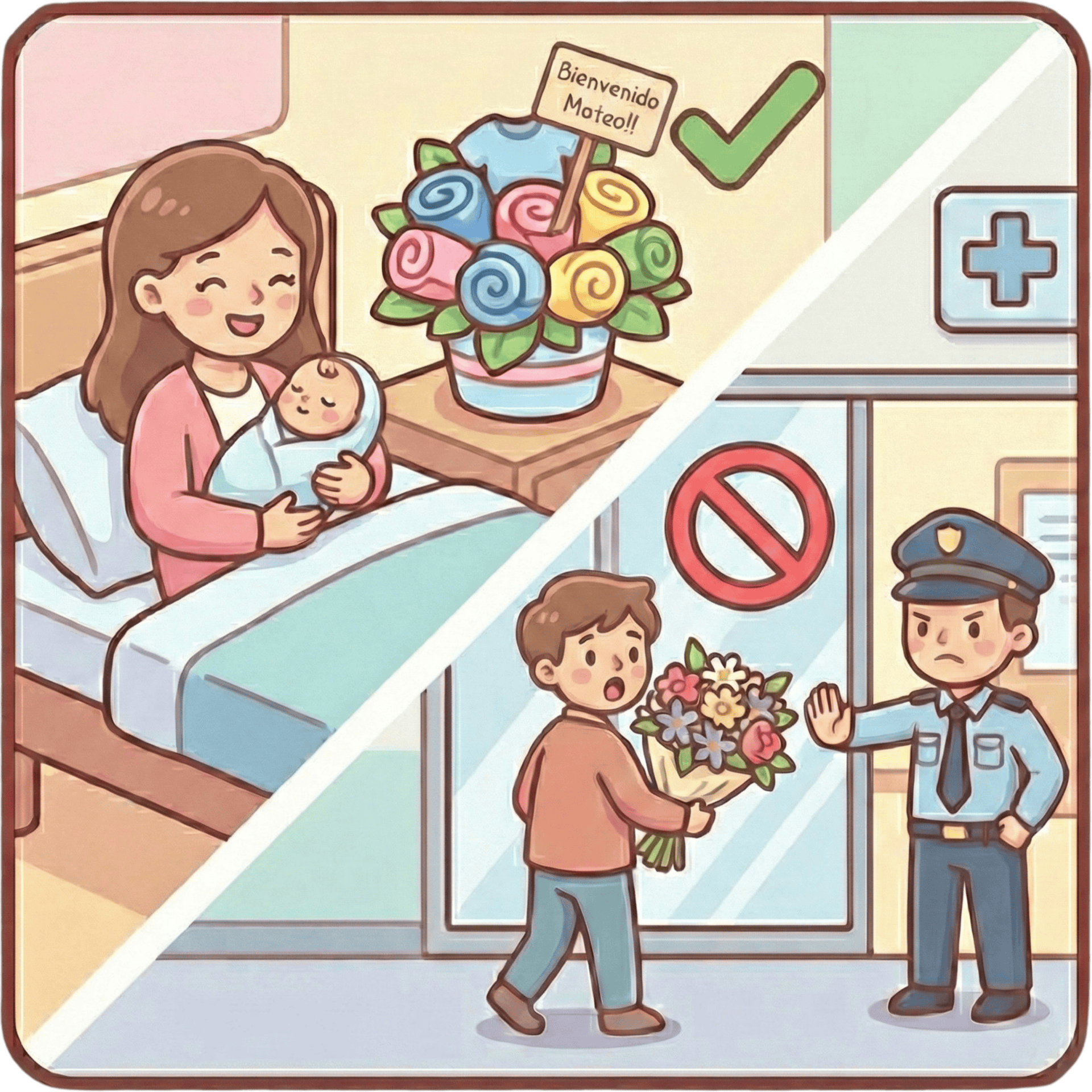 Ilustración comparativa: Arreglo de ropa Baby Flowers permitido dentro de la habitación de la clínica junto a mamá y bebé, versus flores naturales prohibidas en el pasillo.