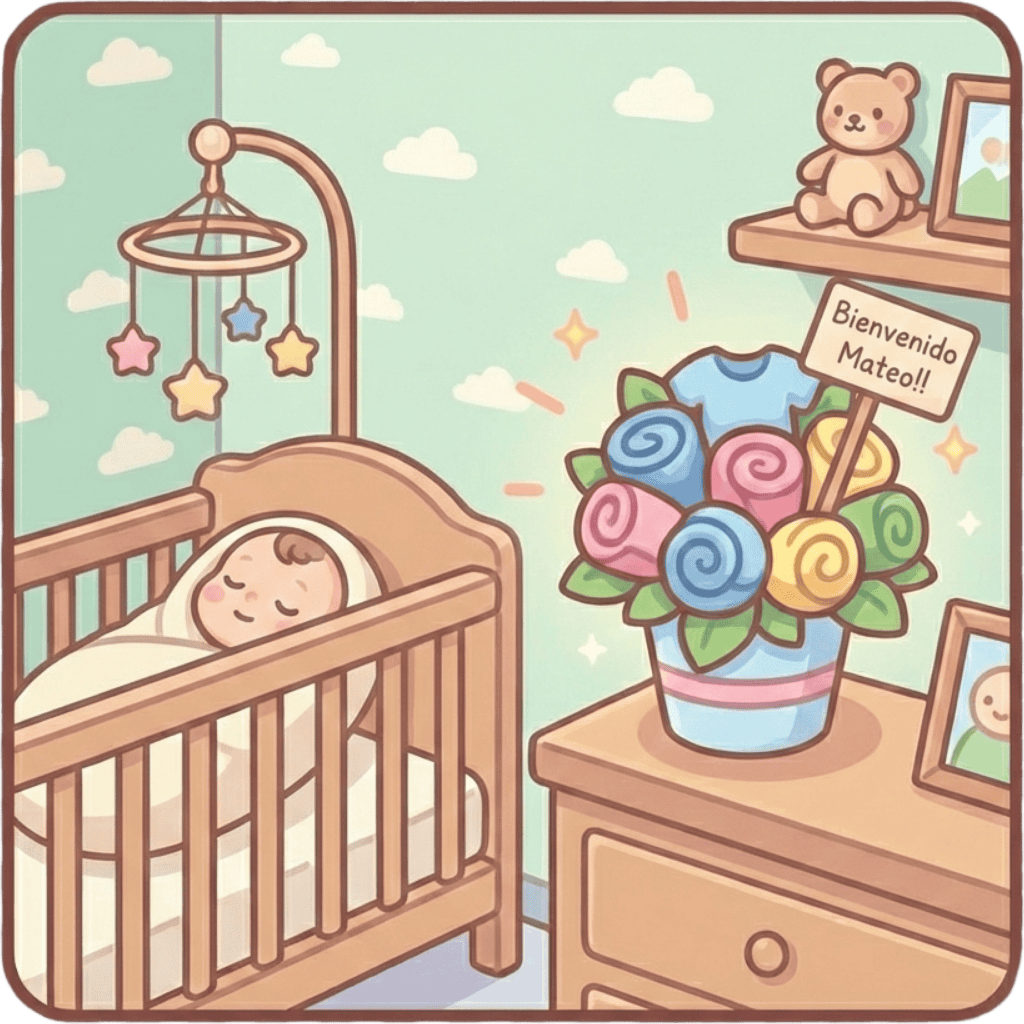 Arreglo Baby Flowers utilizado como decoración en la habitación del bebé sobre la cómoda, con tarjeta de bienvenida personalizada.