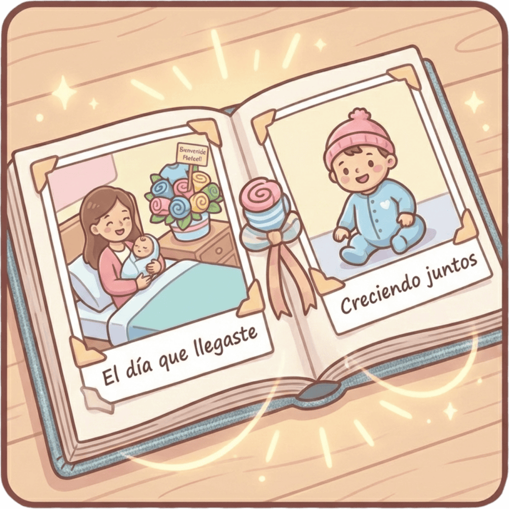 Álbum de fotos abierto mostrando dos momentos: el arreglo recibido en el nacimiento y el bebé usando las prendas tiempo después.