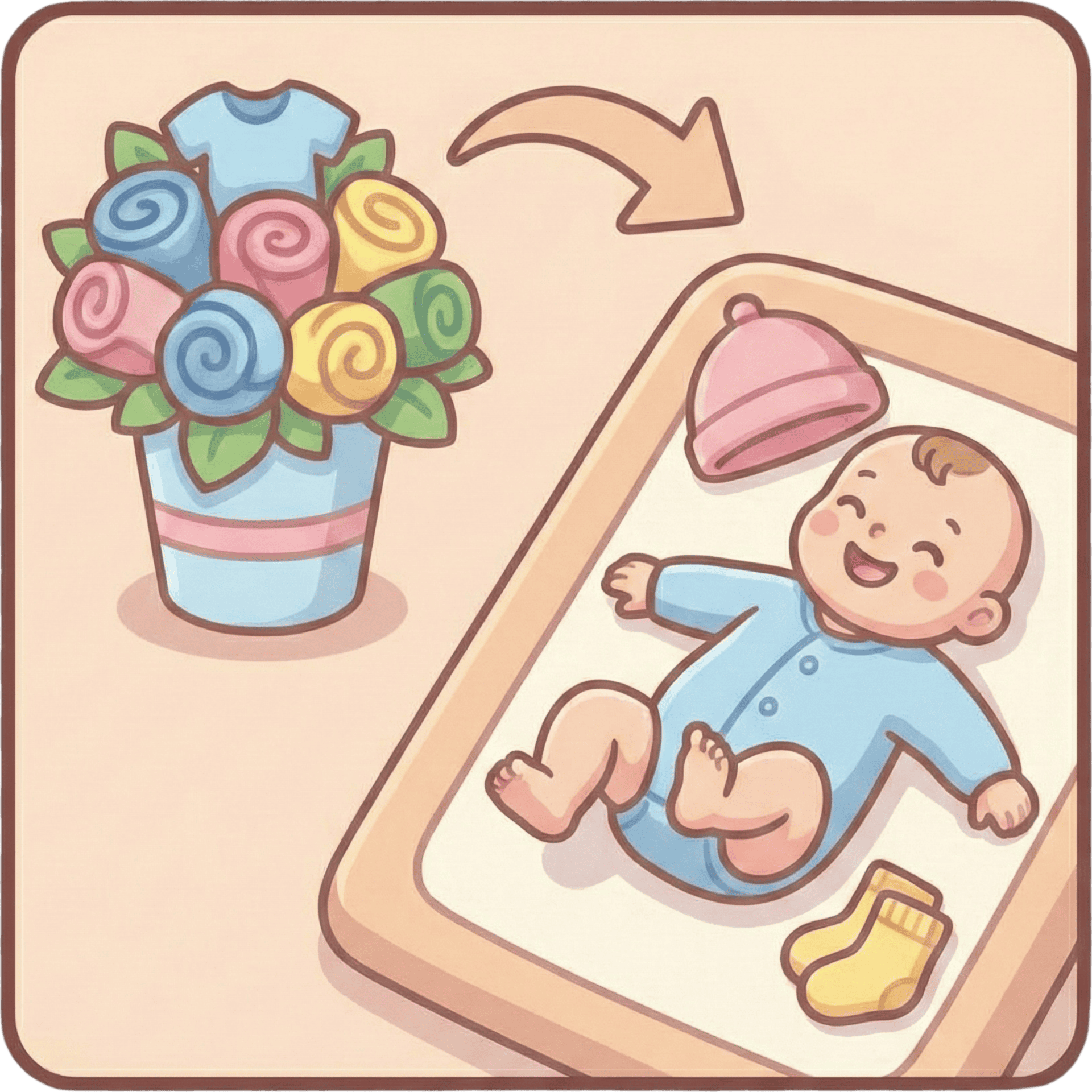 Gráfico que muestra cómo el arreglo floral se desarma para convertirse en prendas de algodón (body, gorrito y medias) para el bebé.